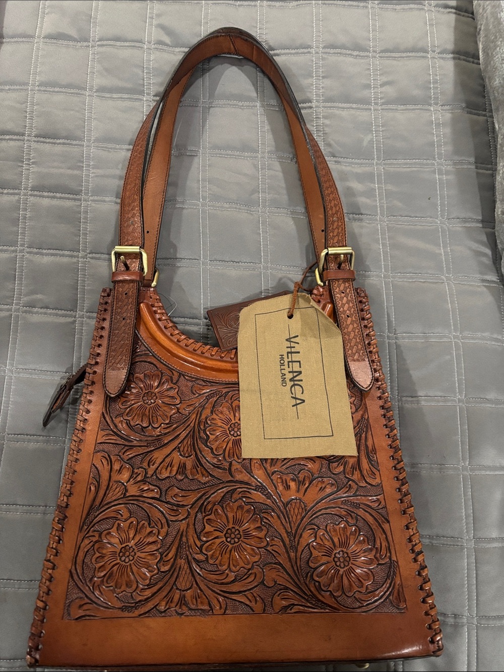 Hand-Tooled Leather Tote Bag - Brown